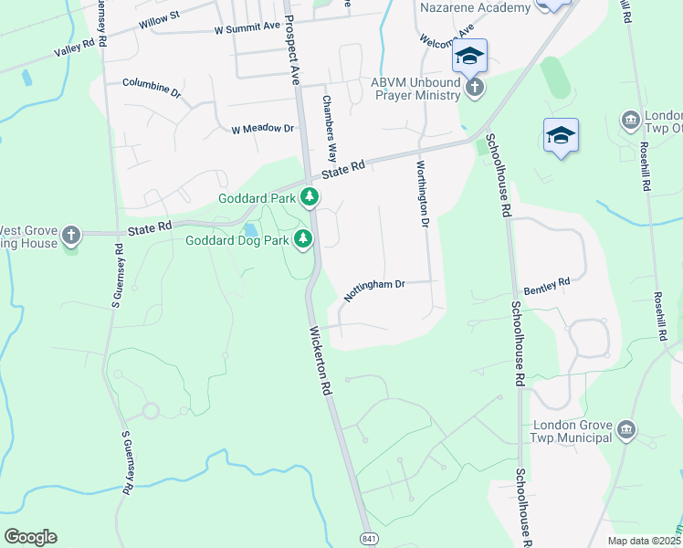 map of restaurants, bars, coffee shops, grocery stores, and more near 13 Nottingham Drive in West Grove