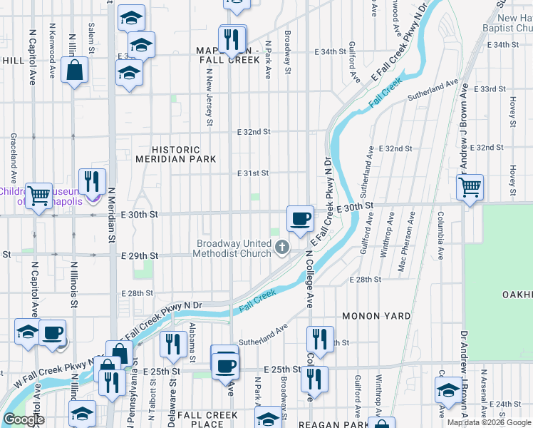 map of restaurants, bars, coffee shops, grocery stores, and more near 2953 Ruckle Street in Indianapolis