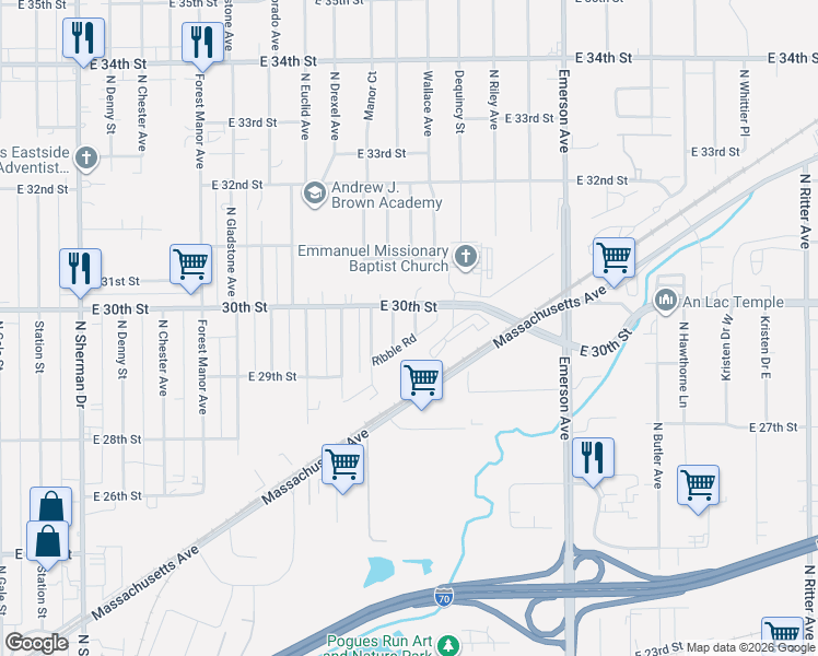 map of restaurants, bars, coffee shops, grocery stores, and more near 2944 Dequincy Street in Indianapolis