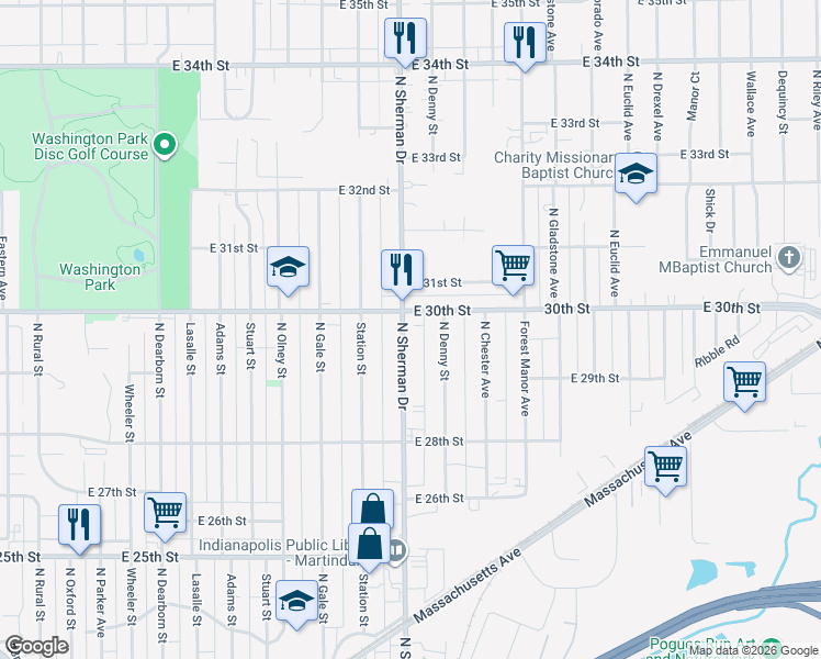 map of restaurants, bars, coffee shops, grocery stores, and more near 2965 North Sherman Drive in Indianapolis