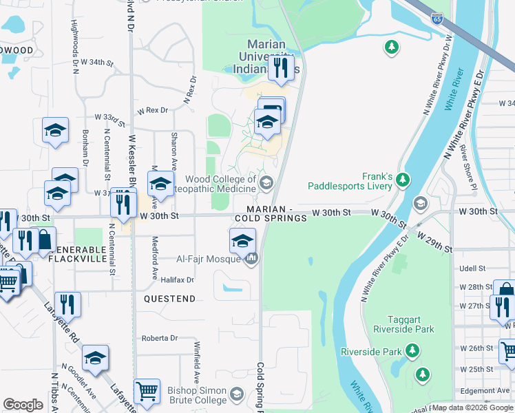 map of restaurants, bars, coffee shops, grocery stores, and more near 2509 Tyrone Drive in Indianapolis