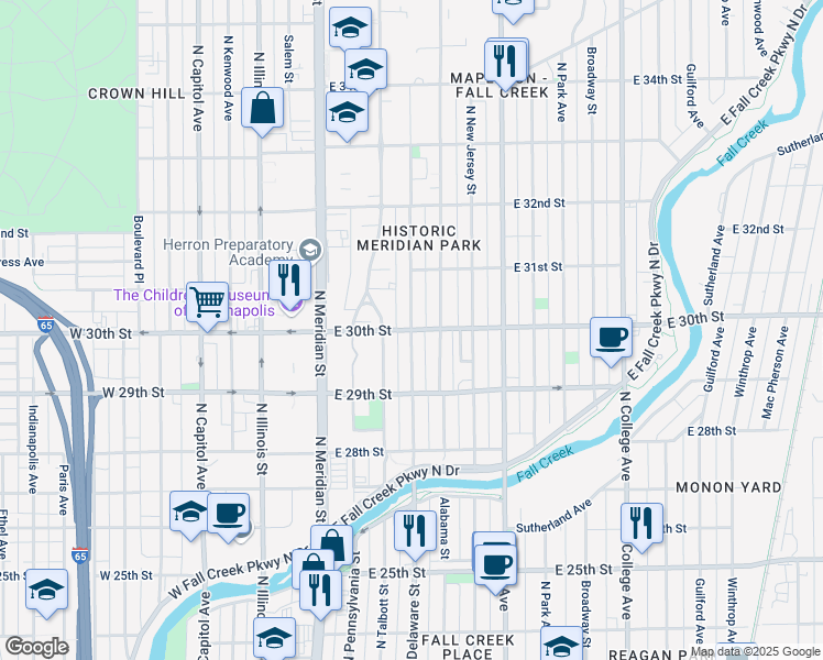 map of restaurants, bars, coffee shops, grocery stores, and more near 200 East 30th Street in Indianapolis