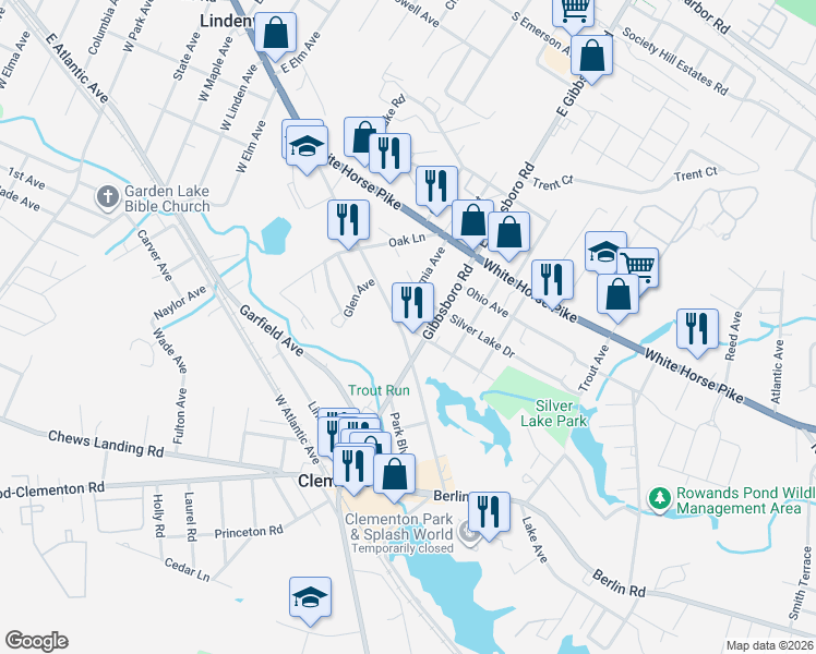 map of restaurants, bars, coffee shops, grocery stores, and more near 220 White Horse Avenue in Clementon