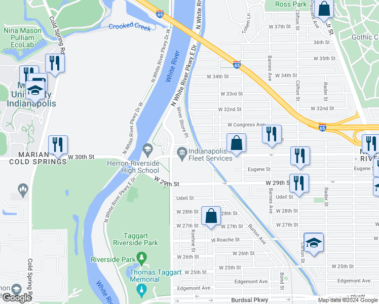 map of restaurants, bars, coffee shops, grocery stores, and more near 1632 West 30th Street in Indianapolis