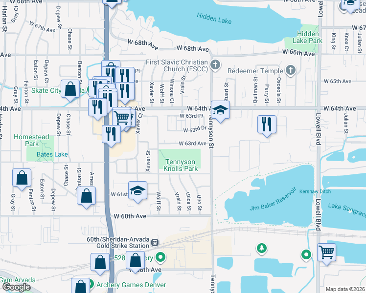 map of restaurants, bars, coffee shops, grocery stores, and more near 4610 West 63rd Avenue in Arvada