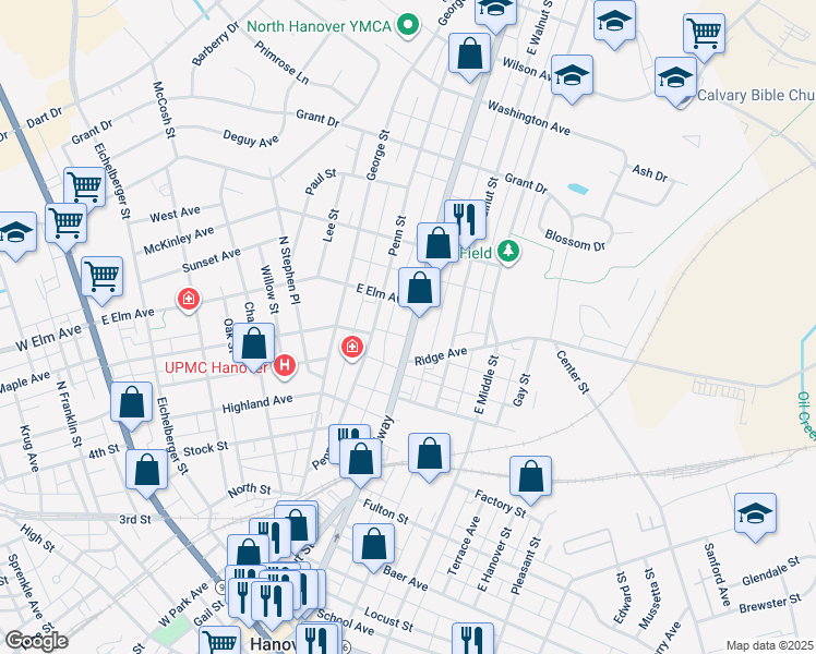 map of restaurants, bars, coffee shops, grocery stores, and more near 632 Broadway in Hanover