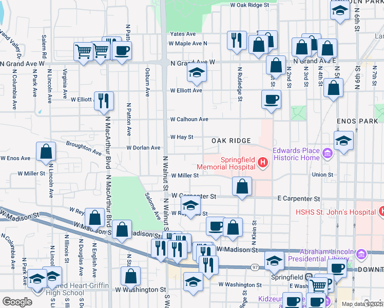 map of restaurants, bars, coffee shops, grocery stores, and more near 560 West Herndon Street in Springfield