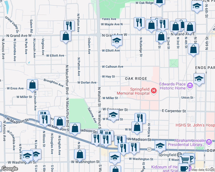 map of restaurants, bars, coffee shops, grocery stores, and more near 630 West Herndon Street in Springfield