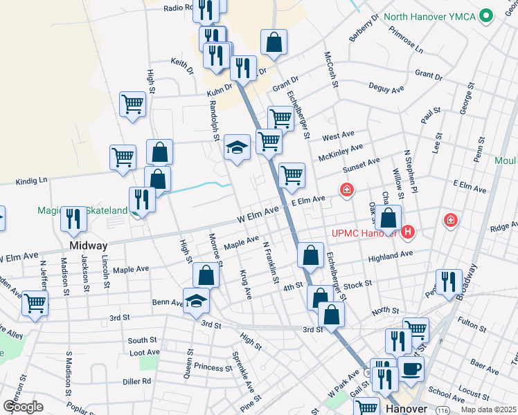 map of restaurants, bars, coffee shops, grocery stores, and more near 101 W Elm Ave in Hanover