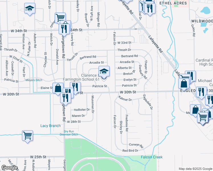 map of restaurants, bars, coffee shops, grocery stores, and more near 4326 Patricia Street in Indianapolis