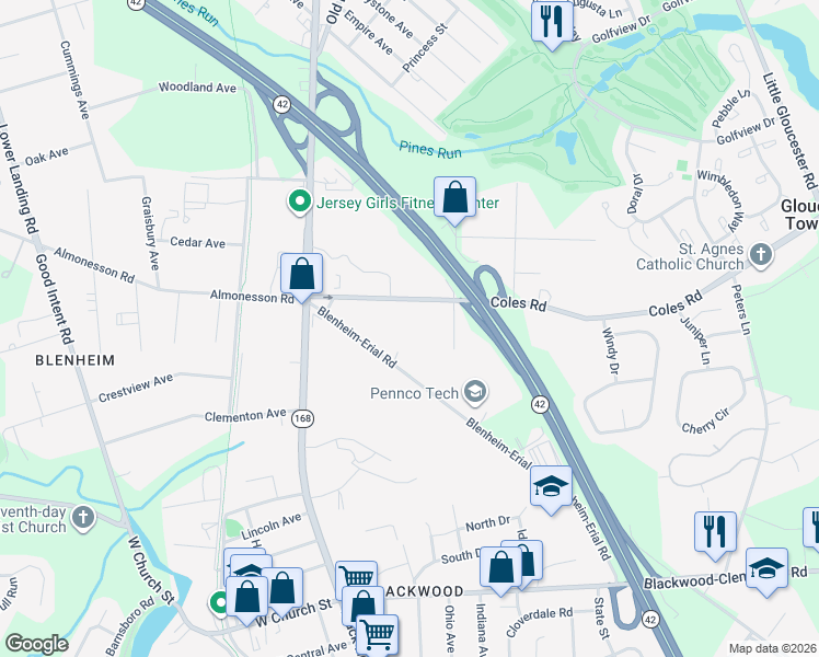 map of restaurants, bars, coffee shops, grocery stores, and more near 40 Coles Road in Camden County