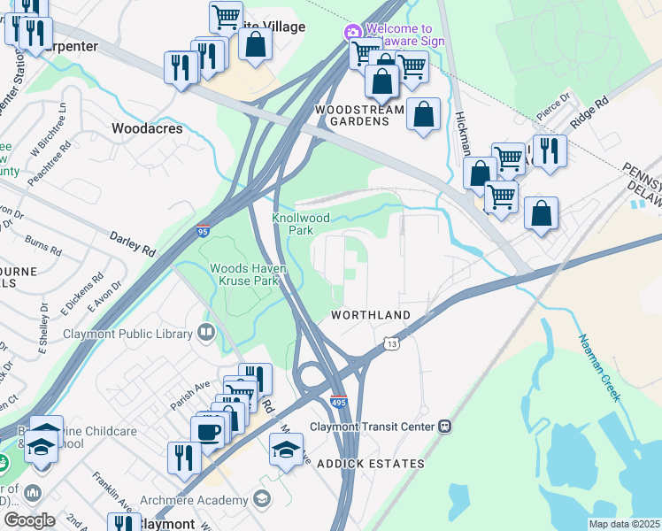 map of restaurants, bars, coffee shops, grocery stores, and more near 19 Denham Avenue in Claymont