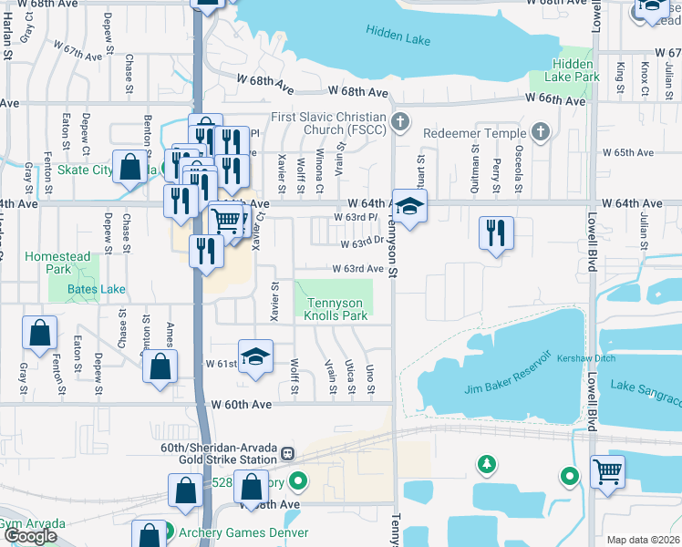 map of restaurants, bars, coffee shops, grocery stores, and more near 4610 West 63rd Avenue in Arvada