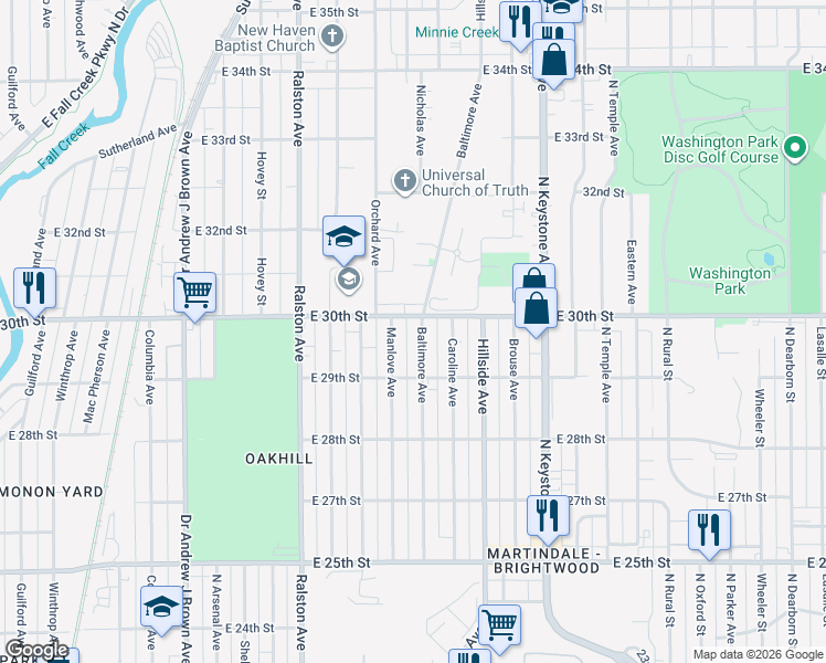 map of restaurants, bars, coffee shops, grocery stores, and more near 2935 Manlove Avenue in Indianapolis