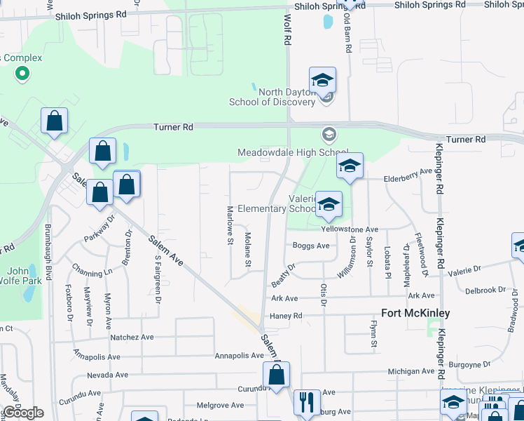 map of restaurants, bars, coffee shops, grocery stores, and more near 4080 Goldenrod Court in Dayton