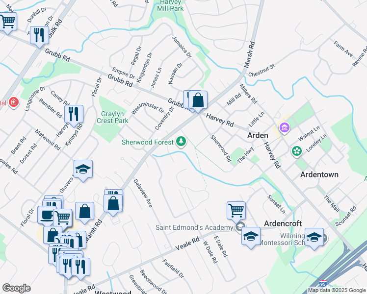 map of restaurants, bars, coffee shops, grocery stores, and more near 2042 Avery Lane in Wilmington