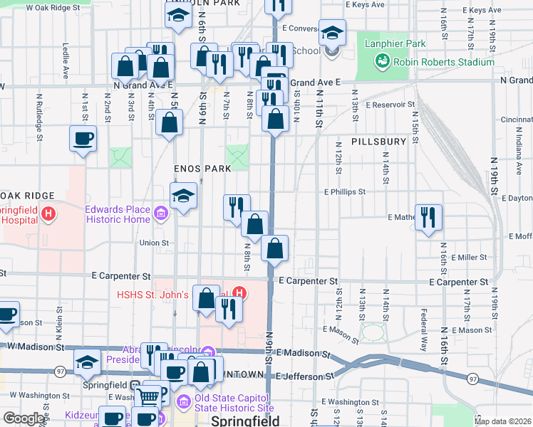 map of restaurants, bars, coffee shops, grocery stores, and more near 804 North 9th Street in Springfield