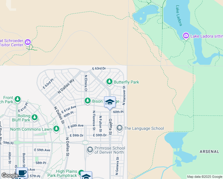 map of restaurants, bars, coffee shops, grocery stores, and more near 10002 East 64th Avenue in Denver