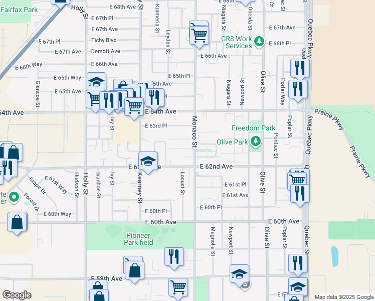 map of restaurants, bars, coffee shops, grocery stores, and more near 6491 East 62nd Place in Commerce City
