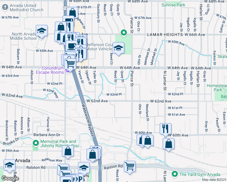 map of restaurants, bars, coffee shops, grocery stores, and more near 7017 West 62nd Place in Arvada