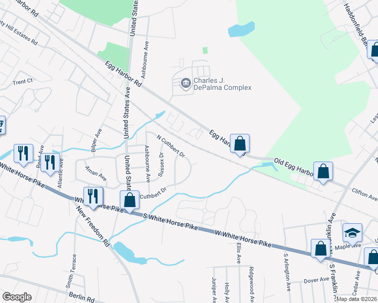 map of restaurants, bars, coffee shops, grocery stores, and more near 2405 North Cuthbert Drive in Lindenwold