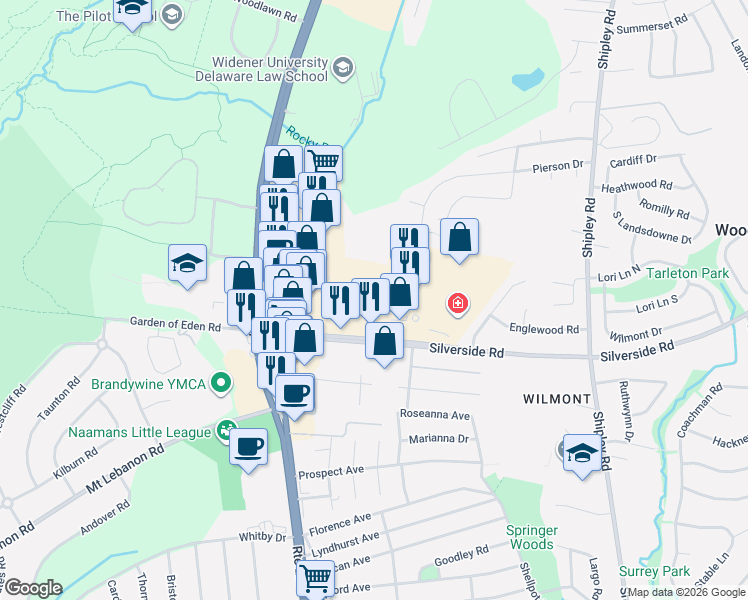 map of restaurants, bars, coffee shops, grocery stores, and more near 3503 Silverside Road in Wilmington