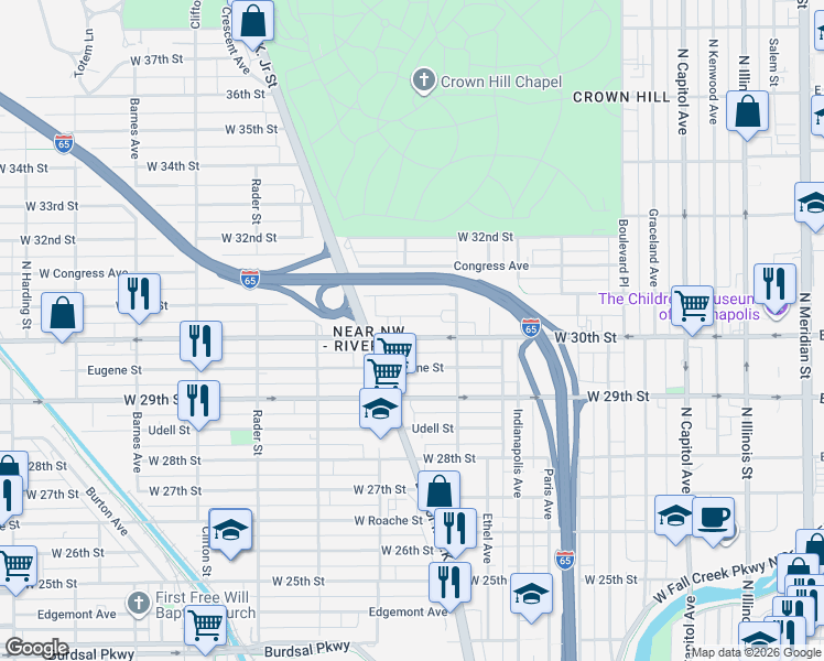 map of restaurants, bars, coffee shops, grocery stores, and more near 645 30th Street in Indianapolis
