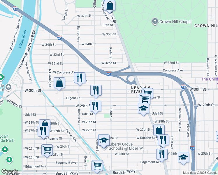 map of restaurants, bars, coffee shops, grocery stores, and more near 971 30th Street in Indianapolis