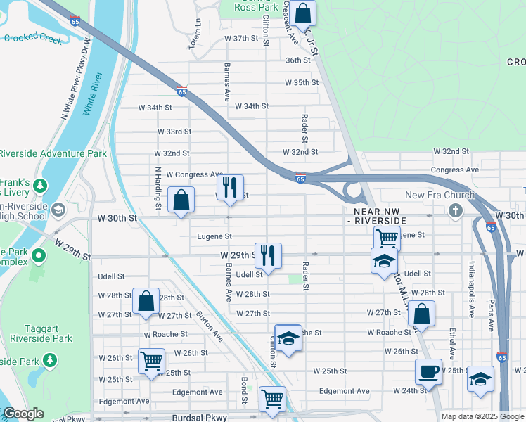 map of restaurants, bars, coffee shops, grocery stores, and more near 1115 West 30th Street in Indianapolis