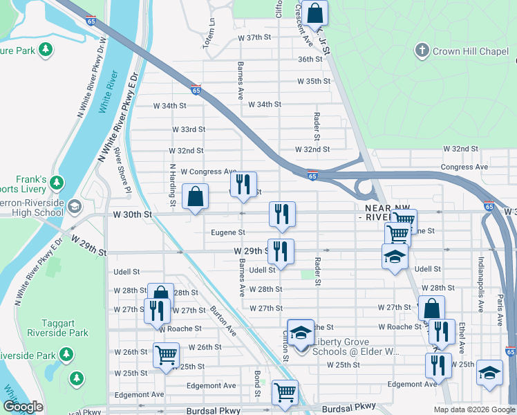 map of restaurants, bars, coffee shops, grocery stores, and more near 1165 West 30th Street in Indianapolis