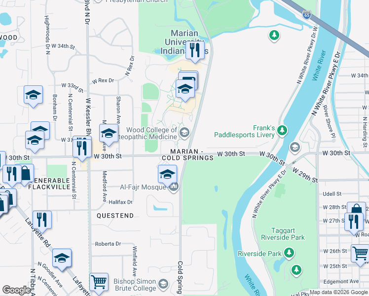 map of restaurants, bars, coffee shops, grocery stores, and more near 2509 Tyrone Drive in Indianapolis