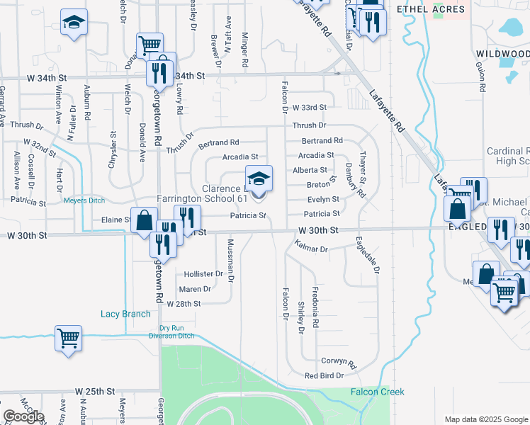 map of restaurants, bars, coffee shops, grocery stores, and more near 4317 Patricia Street in Indianapolis