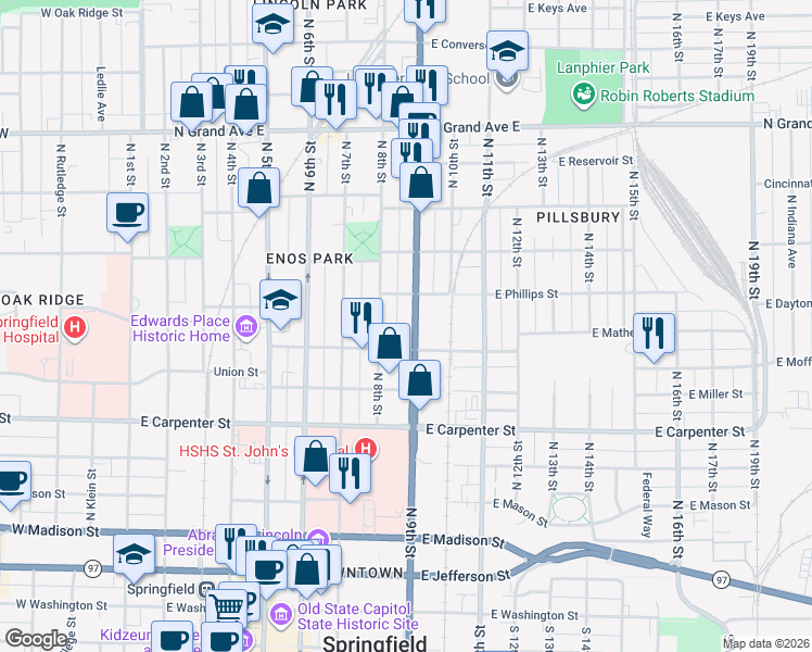 map of restaurants, bars, coffee shops, grocery stores, and more near 804 North 9th Street in Springfield