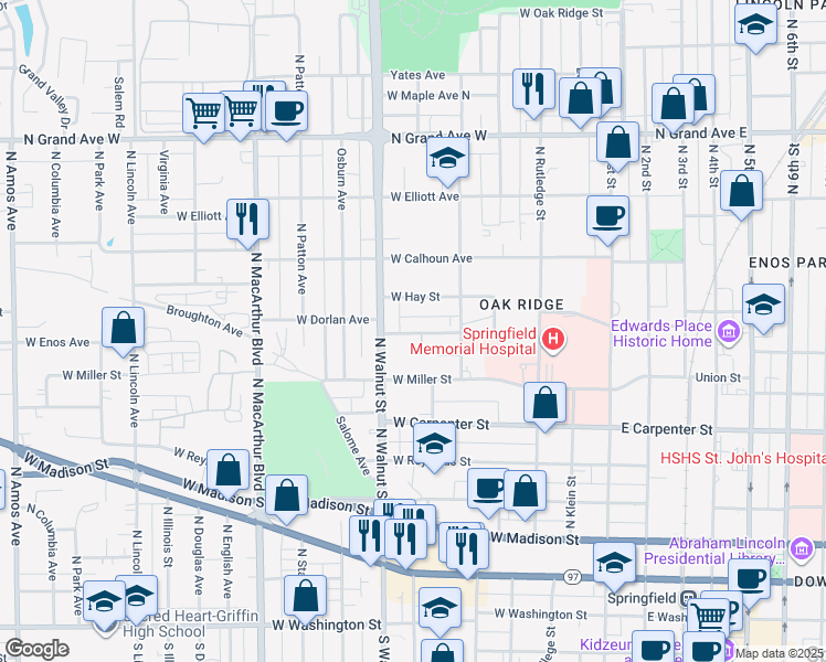 map of restaurants, bars, coffee shops, grocery stores, and more near 630 West Herndon Street in Springfield