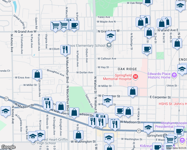 map of restaurants, bars, coffee shops, grocery stores, and more near 741 North Walnut Street in Springfield