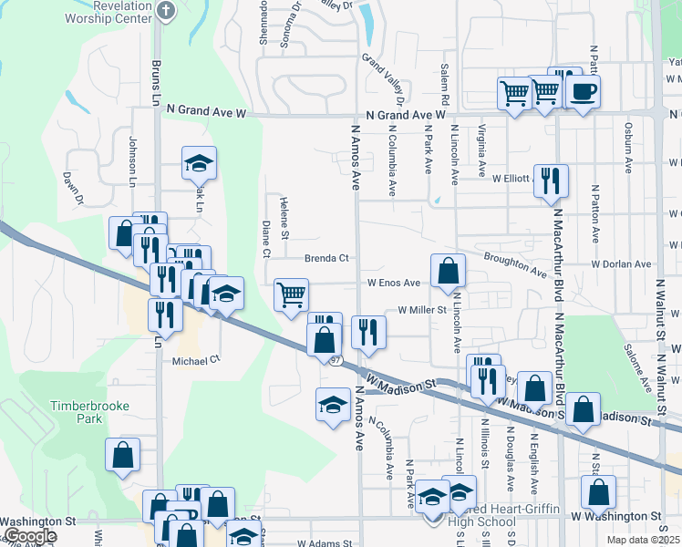 map of restaurants, bars, coffee shops, grocery stores, and more near 1521 West Enos Avenue in Springfield