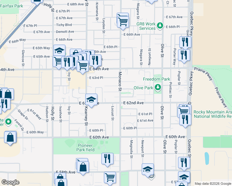 map of restaurants, bars, coffee shops, grocery stores, and more near 6491 East 62nd Place in Commerce City