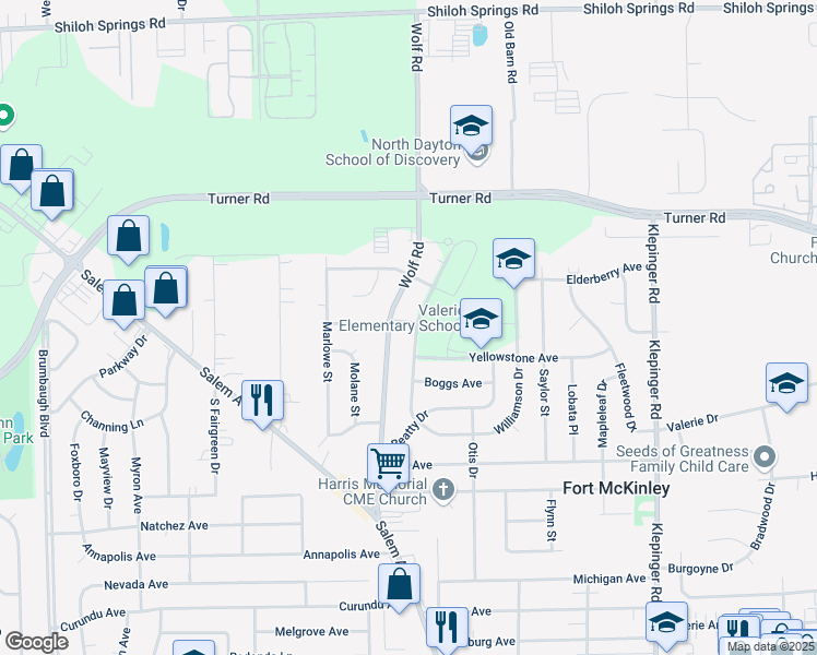 map of restaurants, bars, coffee shops, grocery stores, and more near 4316 Wolf Road in Dayton