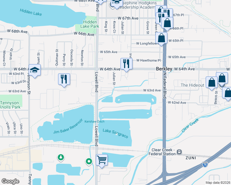 map of restaurants, bars, coffee shops, grocery stores, and more near 3390 West 63rd Avenue in Denver