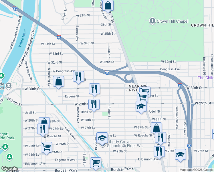 map of restaurants, bars, coffee shops, grocery stores, and more near 971 30th Street in Indianapolis