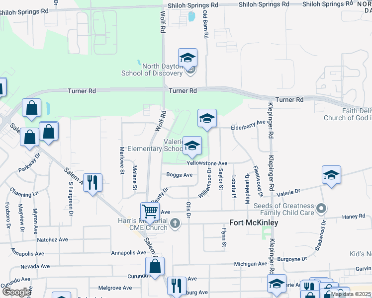 map of restaurants, bars, coffee shops, grocery stores, and more near 4448 Thompson Drive in Dayton