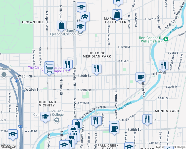 map of restaurants, bars, coffee shops, grocery stores, and more near 156 East 30th Street in Indianapolis