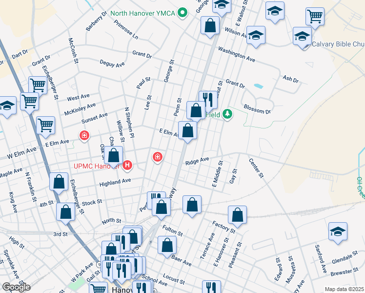 map of restaurants, bars, coffee shops, grocery stores, and more near 634 Broadway in Hanover
