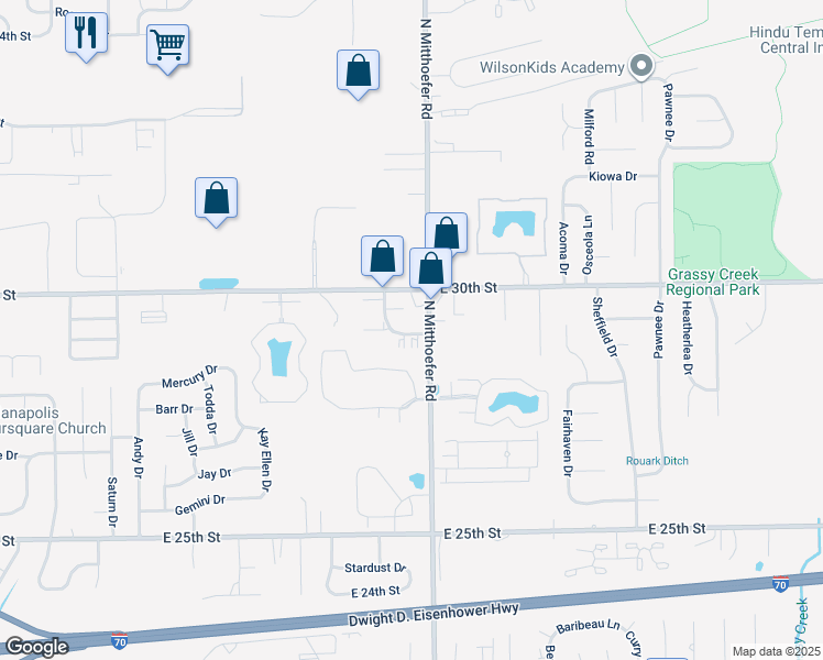 map of restaurants, bars, coffee shops, grocery stores, and more near 2800 Mitthoeffer Place in Indianapolis