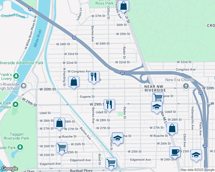 map of restaurants, bars, coffee shops, grocery stores, and more near 1100 West 30th Street in Indianapolis
