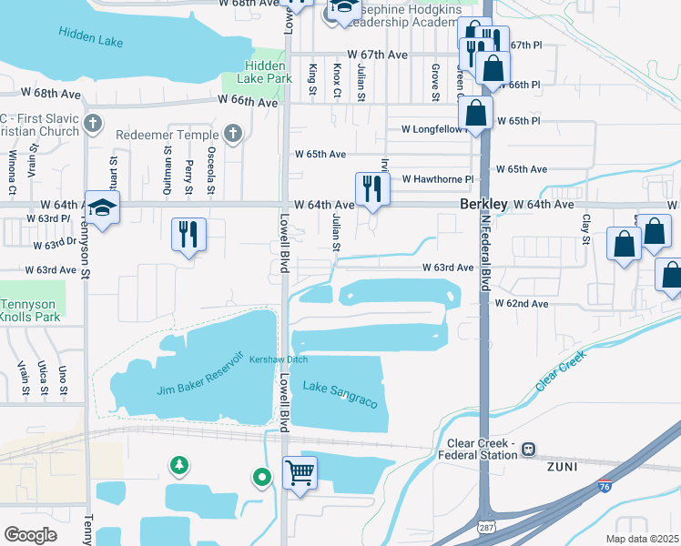 map of restaurants, bars, coffee shops, grocery stores, and more near 3390 West 63rd Avenue in Denver
