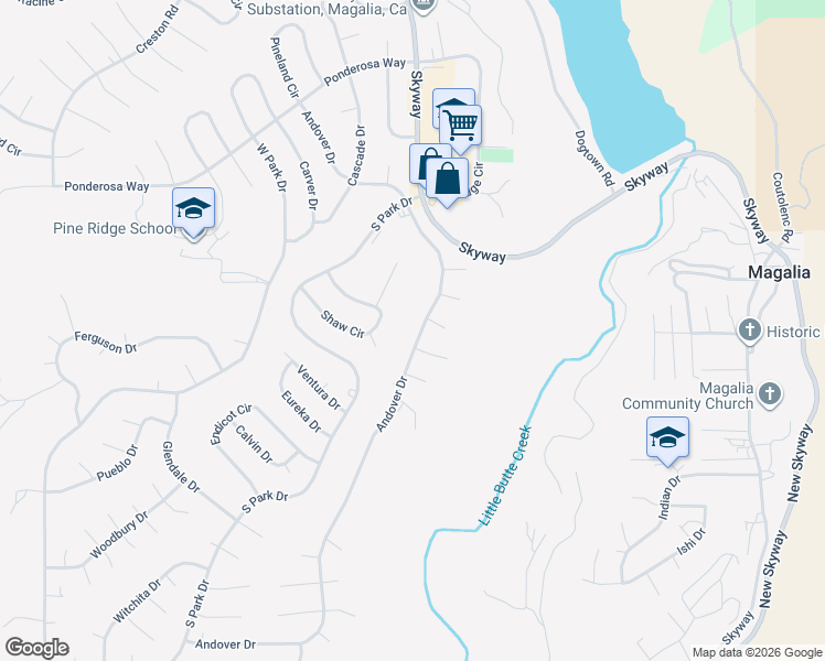 map of restaurants, bars, coffee shops, grocery stores, and more near 13807 Andover Drive in Magalia