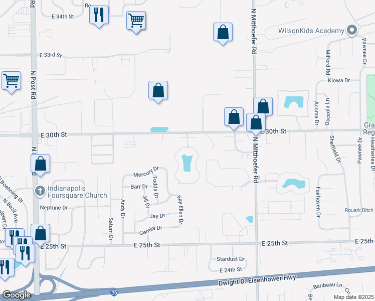 map of restaurants, bars, coffee shops, grocery stores, and more near 2910 White Knight Boulevard in Indianapolis