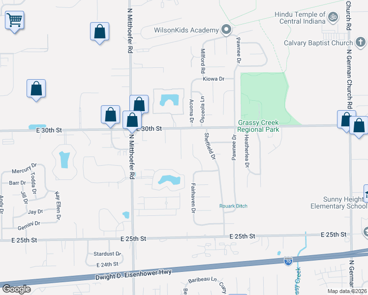 map of restaurants, bars, coffee shops, grocery stores, and more near 2840 Rouark Circle in Indianapolis