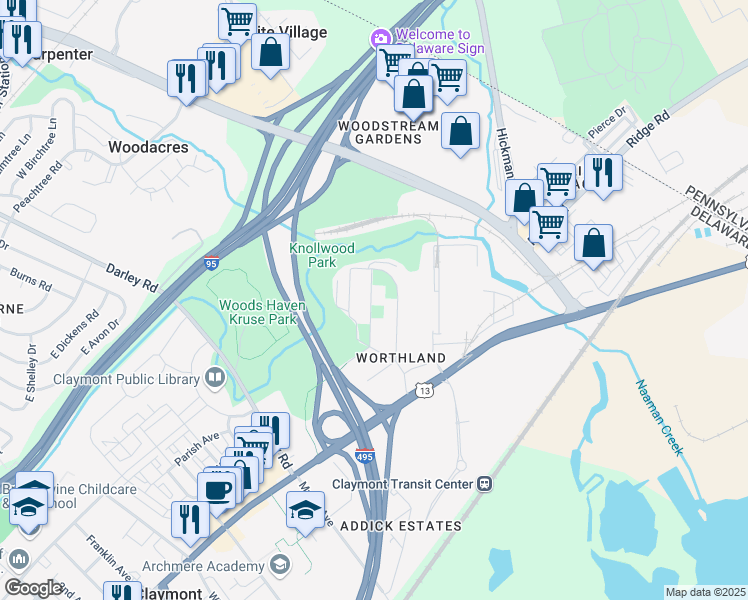 map of restaurants, bars, coffee shops, grocery stores, and more near 41 Colby Avenue in Claymont
